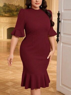 SHEIN Burgundy Ruffle-Hem Midi Dress